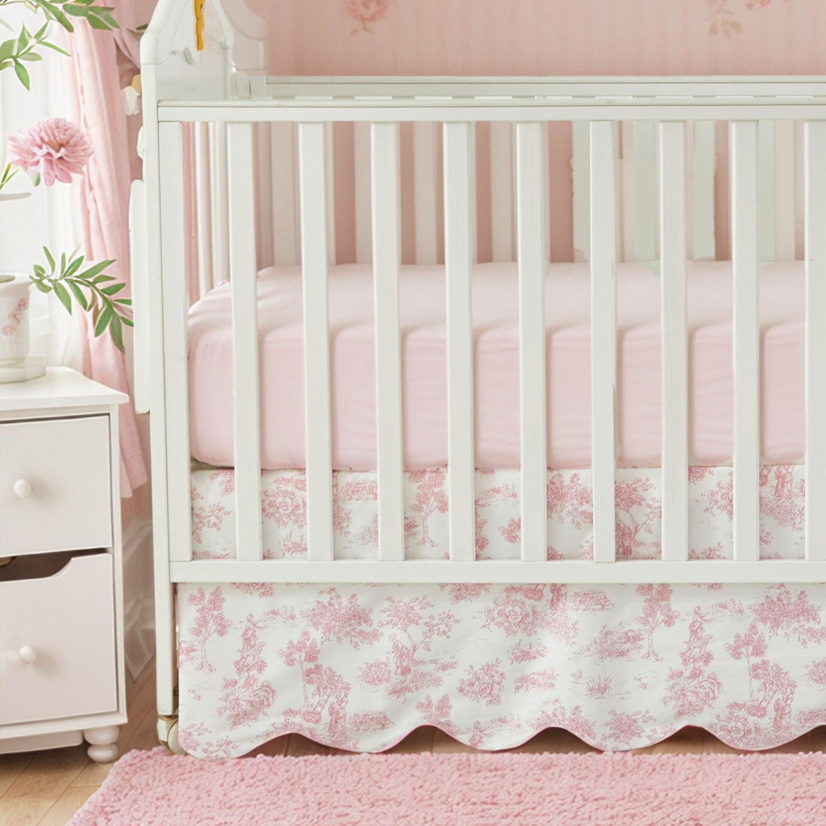 Scallop Edge Cotton Crib Skirt, Baby Girl, French Country Pink Toile Crib Skirt Toddler Bedskirt Farmhouse Chic
