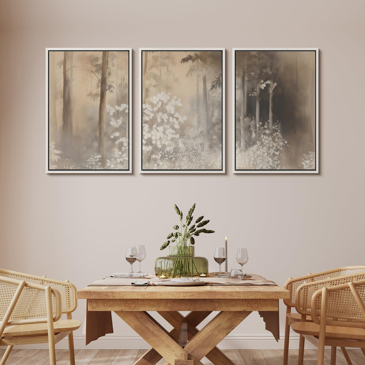 Framed Wall Art Print Set Neutral Forest Landscape Beige and Gray Watercolor Illustrations Realism Decorative