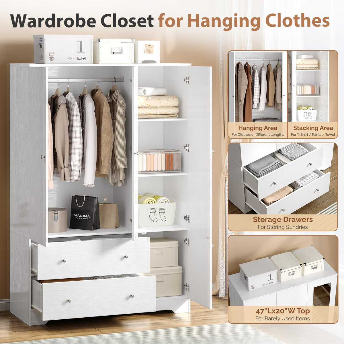 Armoire Wardrobe Closet with Doors and Mirror, 47"W Wardrobe Cabinet Wooden with Hanging Rod & Shelves Inside, 4 Door