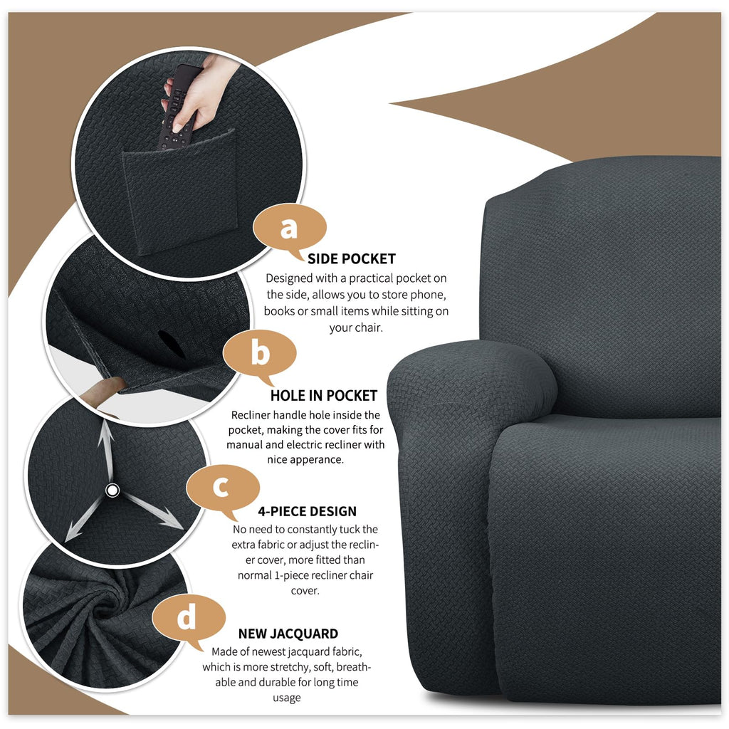 Loveseat Recliner Covers 6-Piece Stretch Jacquard Recliner Sofa Slipcover 2 Seater Washable Reclining Couch Cover