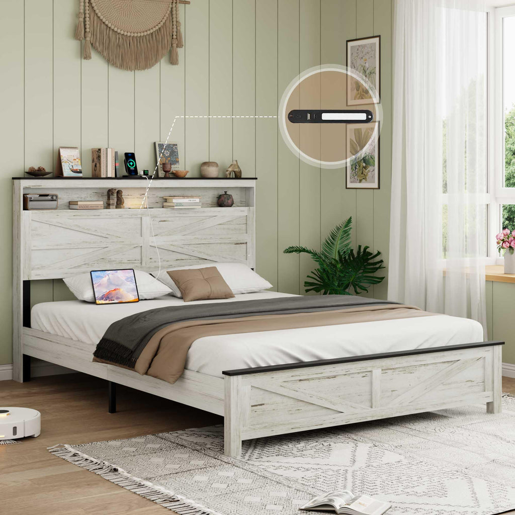 Wood Bed Frame with Storage Headboard, Farmhouse Platform Bed Frame with Charging