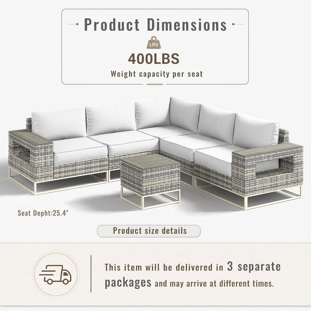 Outdoor Patio Furniture Set, PE Wicker Sectional Sofa with Thick Cushions | 6-Piece: Modular Sectional Sofa with