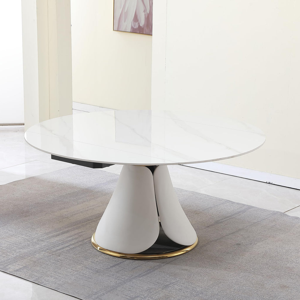 Modern Extendable Dining Table, 59" Round Marble Dining Table, Convertible Rectangular Kitchen Table, White Sintered