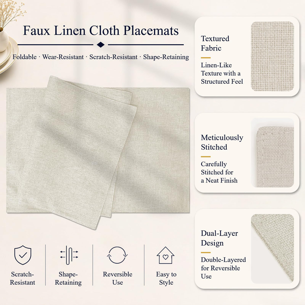 Cloth Placemats Set of 6, Cotton Linen Blend Place Mats, Neutral Beige