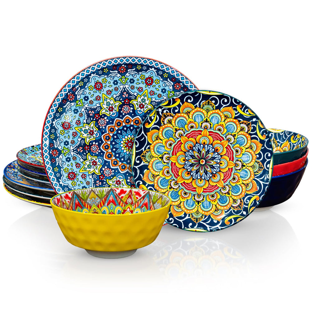 12 Pieces Dinnerware Sets, Ceramic Plates and Bowls Set, Microwave and Dishwasher Safe, Scratch Resistant, Bohemian