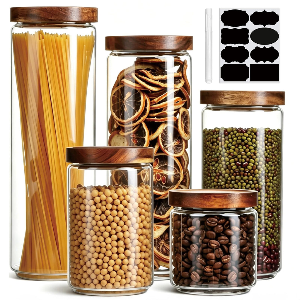 Glass Canisters With Wooden Lids, Kitchen Jars for Storage 5 Pack