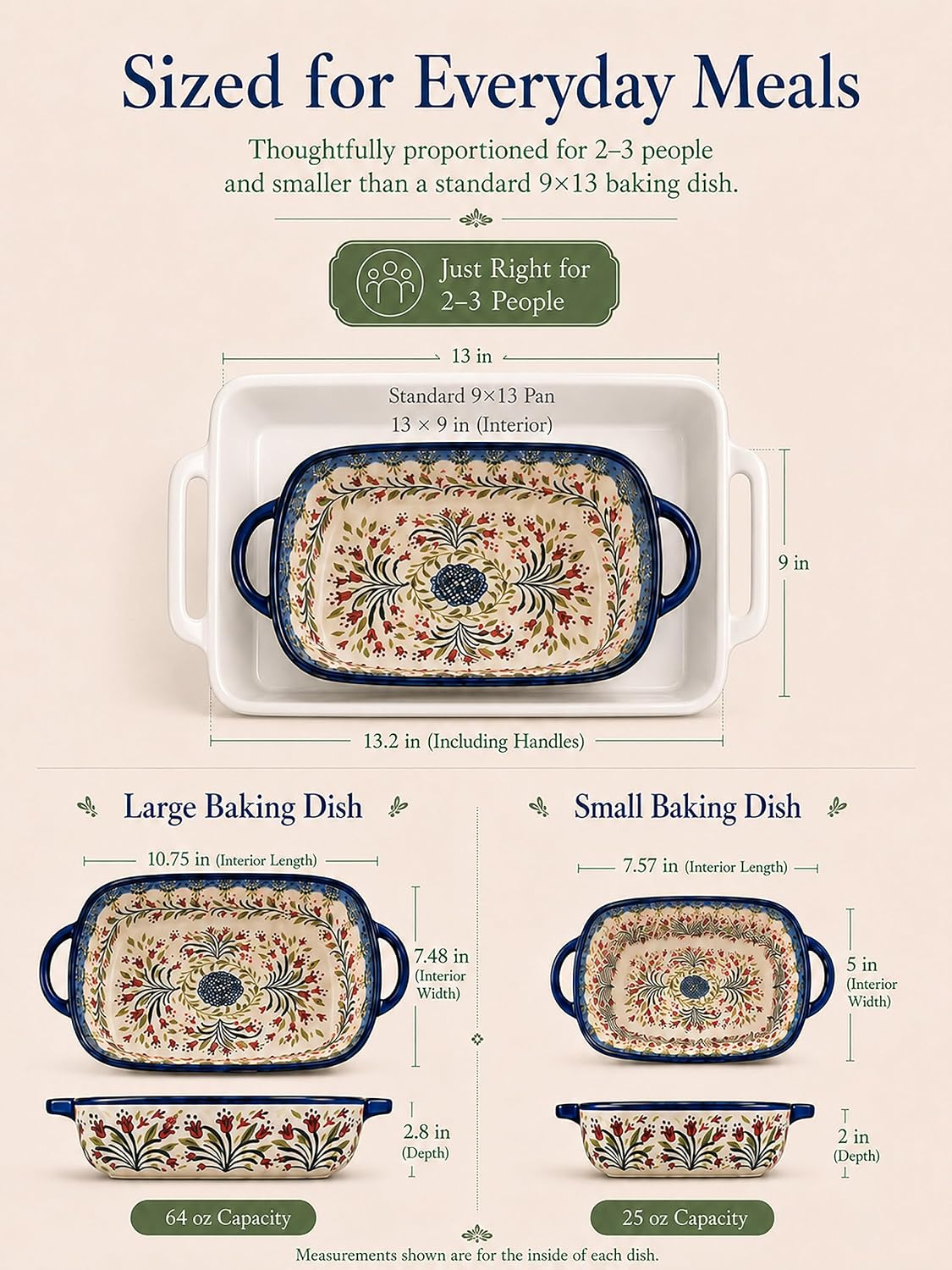 2-Piece Polish Pottery Style Ceramic Dish Set | Large baker for casseroles, baked pasta & roasting; small baker for