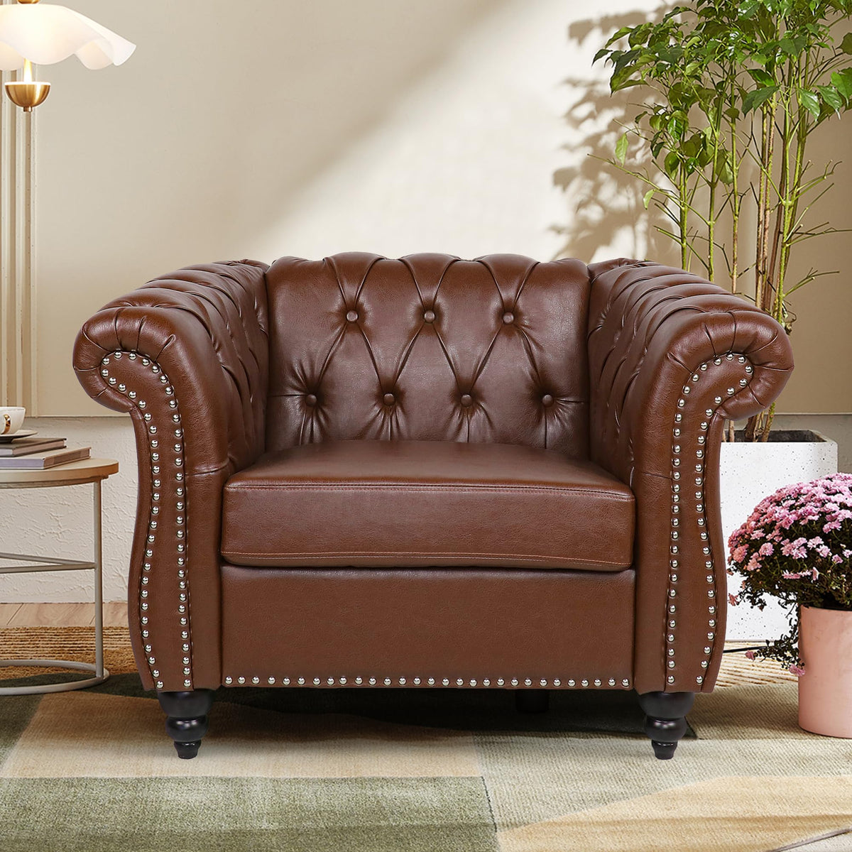 2 Piece Living Room Sofa Set, 3 Seater Faux Leather Sofa Couch and Chair Set, Mid Century Modern Upholstered Couch
