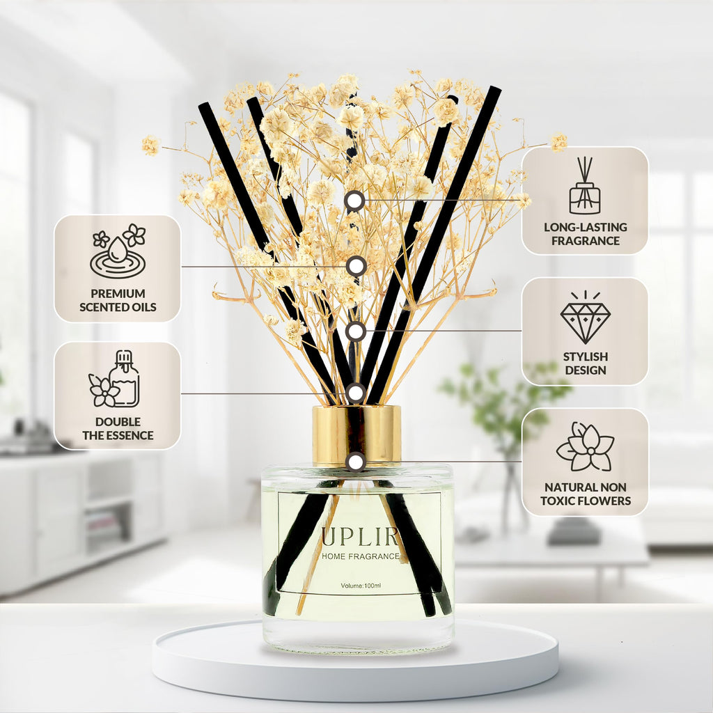 Flower Reed Diffusers with 1 Jasmine & White Tea Double Essential Oil, 3.4 oz (100ml) - Elegant Reed Diffuser Set