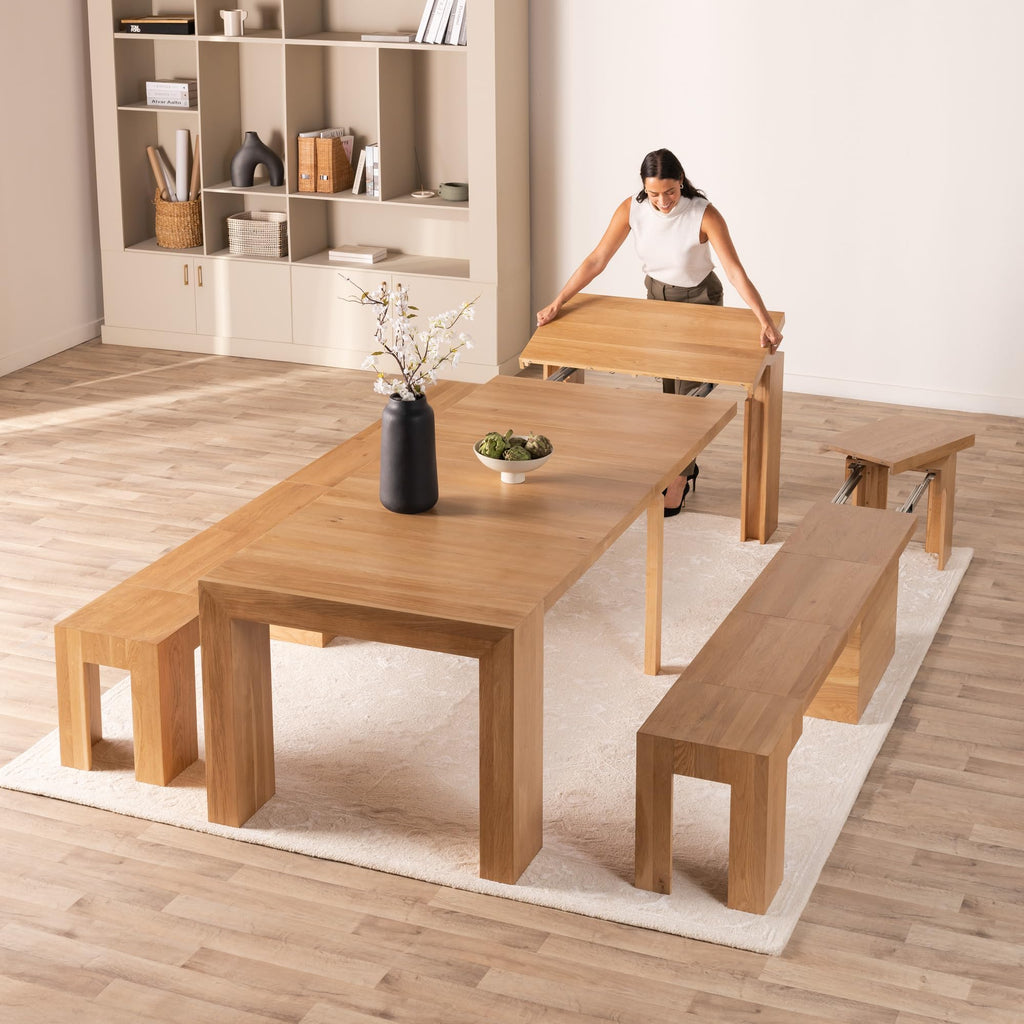 Solid Wood Extendable Dining Table with 2 Benches, Seats 2-12, Expandable Table, Space-Saving Furniture, Expandable