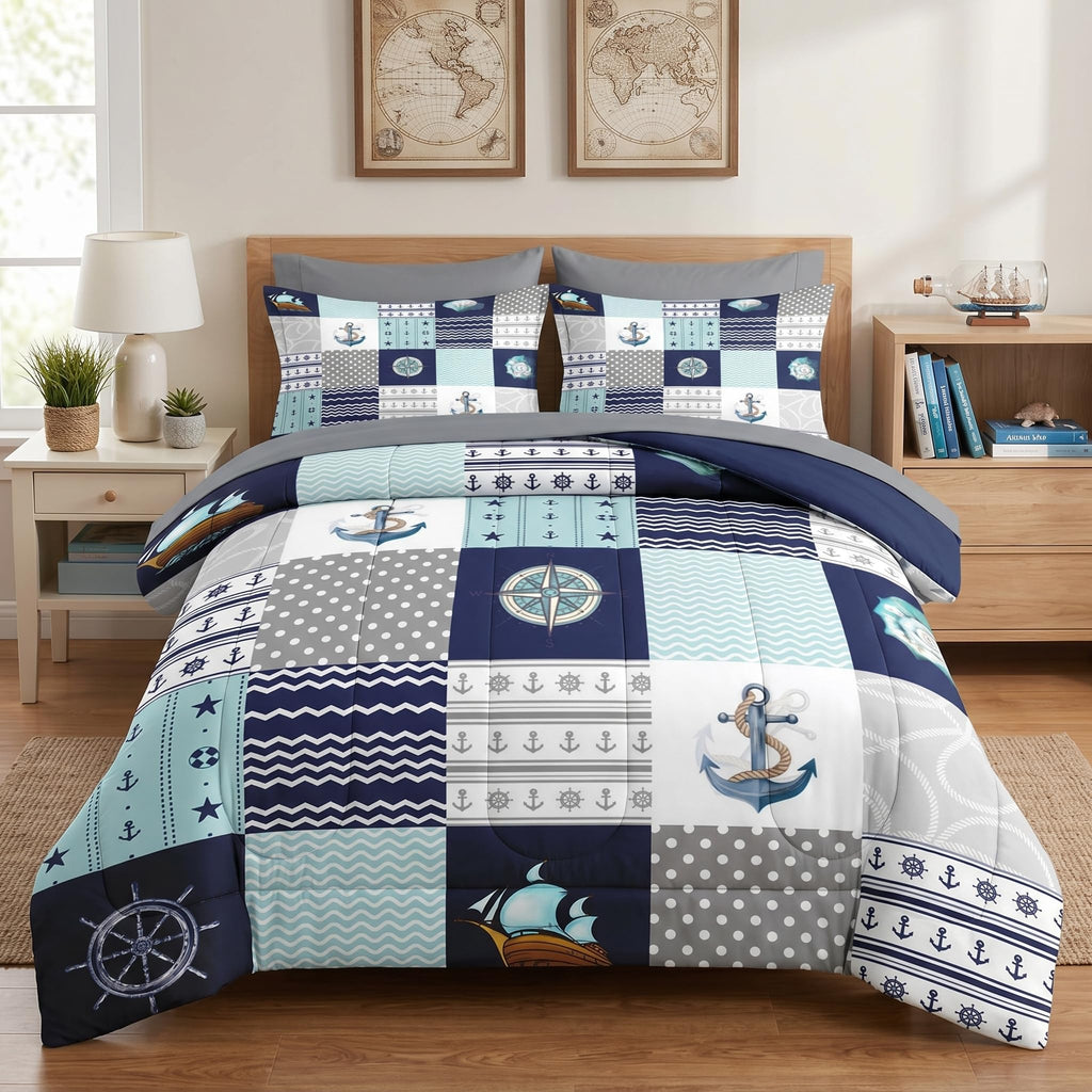 Queen Comforter Set with Sheets, 7 Pieces Nautical Blue Bedding