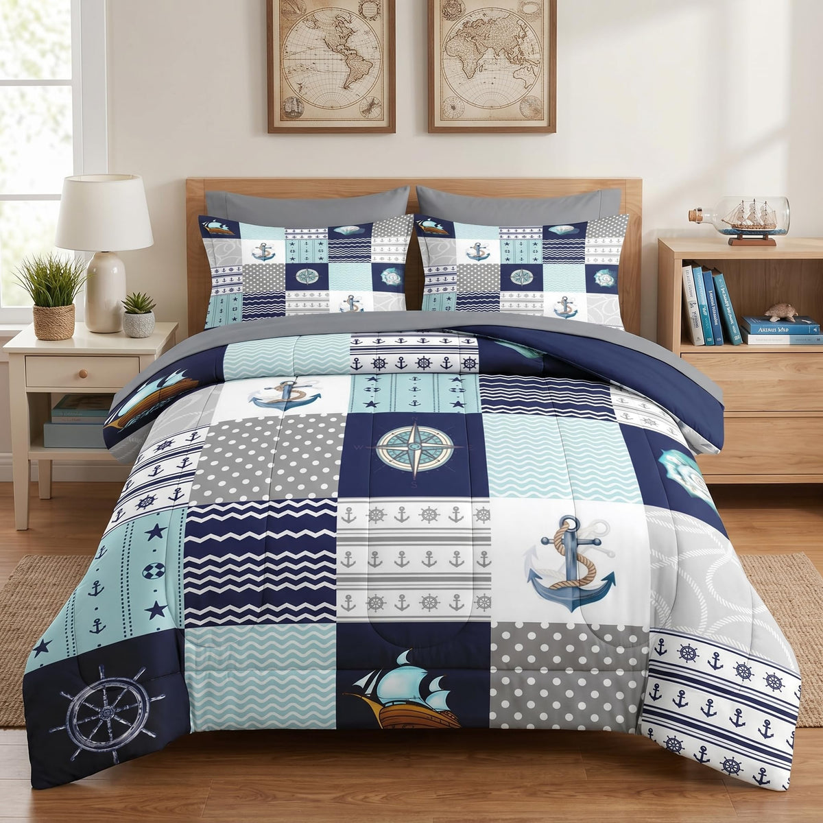 Queen Comforter Set with Sheets, 7 Pieces Nautical Blue Bedding