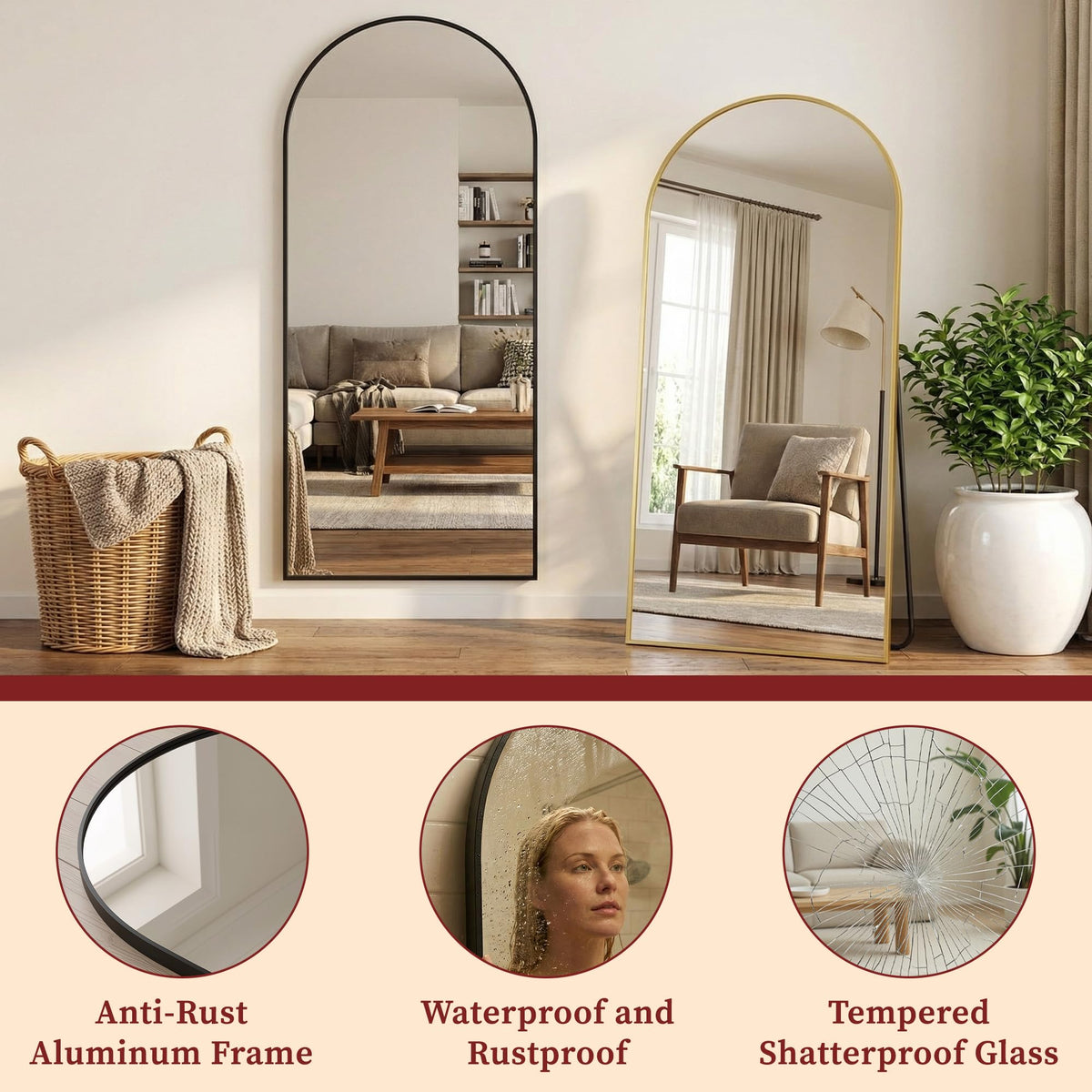 71"×32" Oversized Arched Full‐Length Mirror, Black Floor Mirror