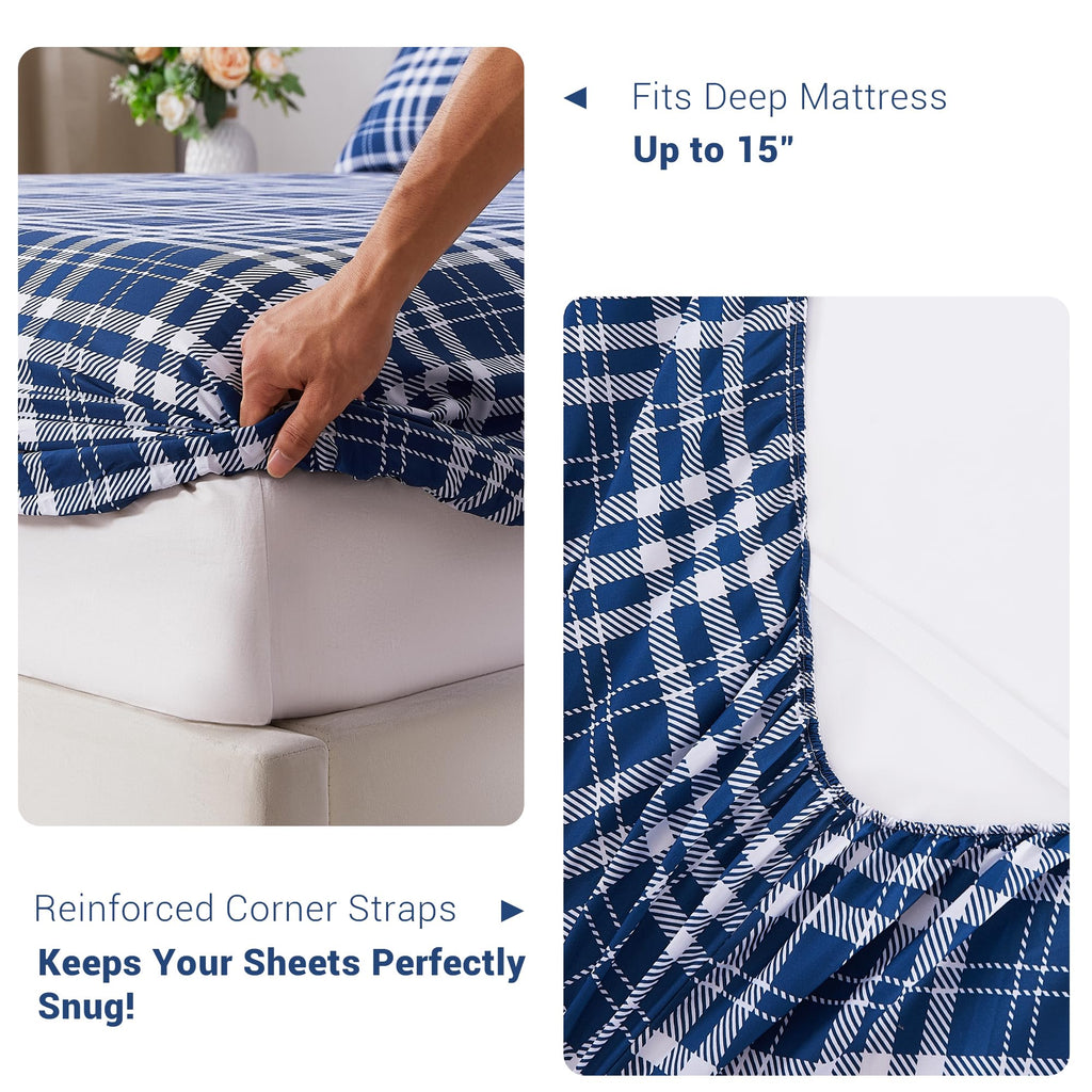 Plaid 100% Cotton Sheets, Navy Blue Checkered