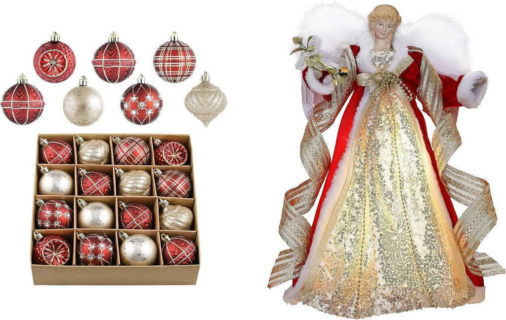 Christmas Tree Ornaments Set, 16ct Burgundy and Gold Shatterproof Christmas Tree Decorations&Lighted Christmas Angel