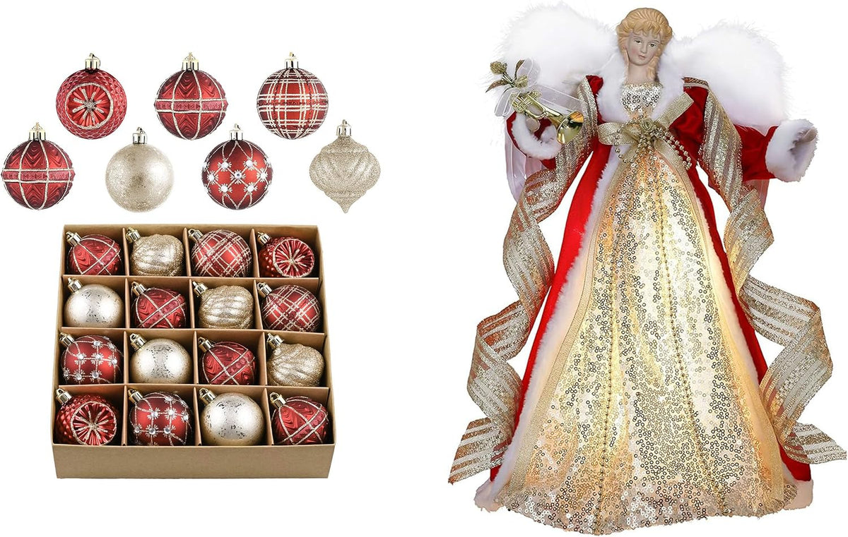 Christmas Tree Ornaments Set, 16ct Burgundy and Gold Shatterproof Christmas Tree Decorations&Lighted Christmas Angel