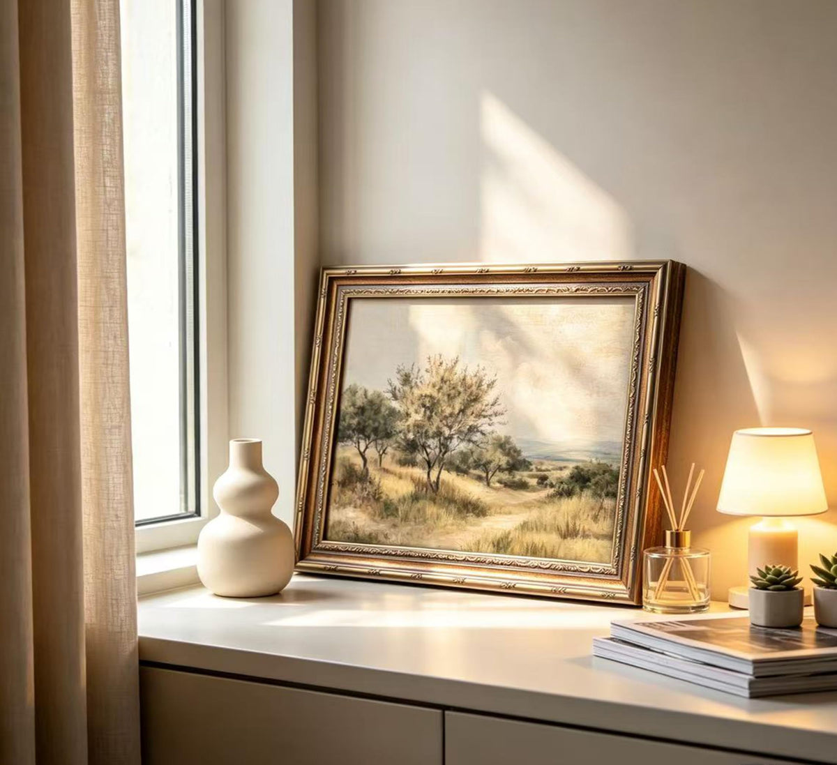 Vintage Gold Framed Olive Tree Landscape Wall Art - Retro Country Farmhouse Canvas Prints, Rustic Nature Scene