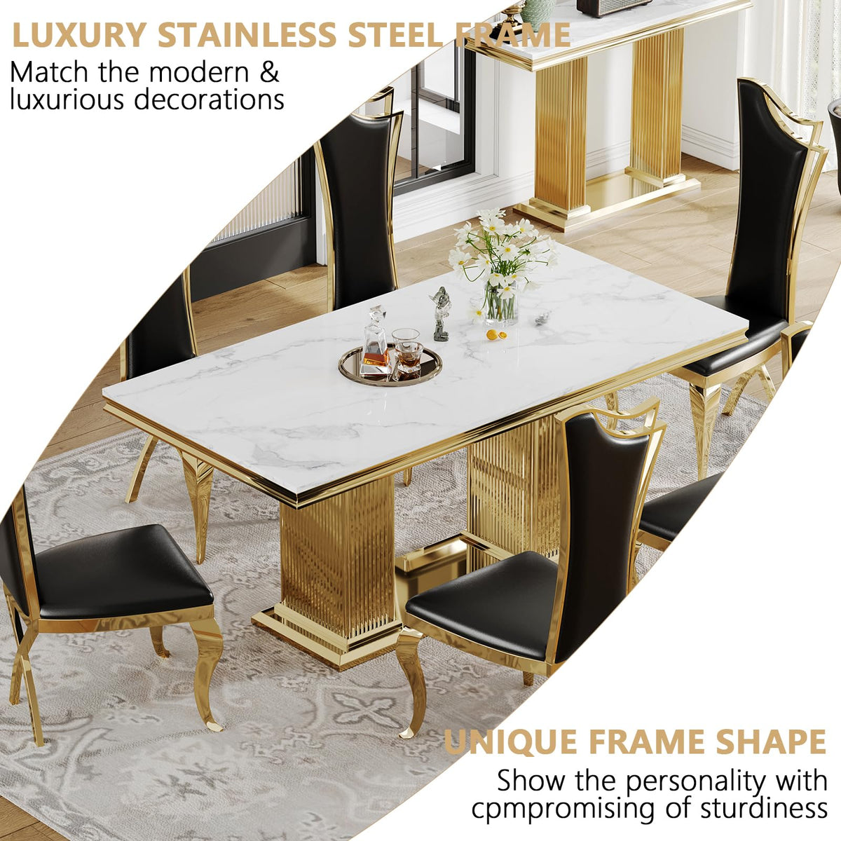 68" Faux Marble White Gold Dining Table for 6, Modern Dining Room Table with 0.71" Marble Printing MDF Top and Dual