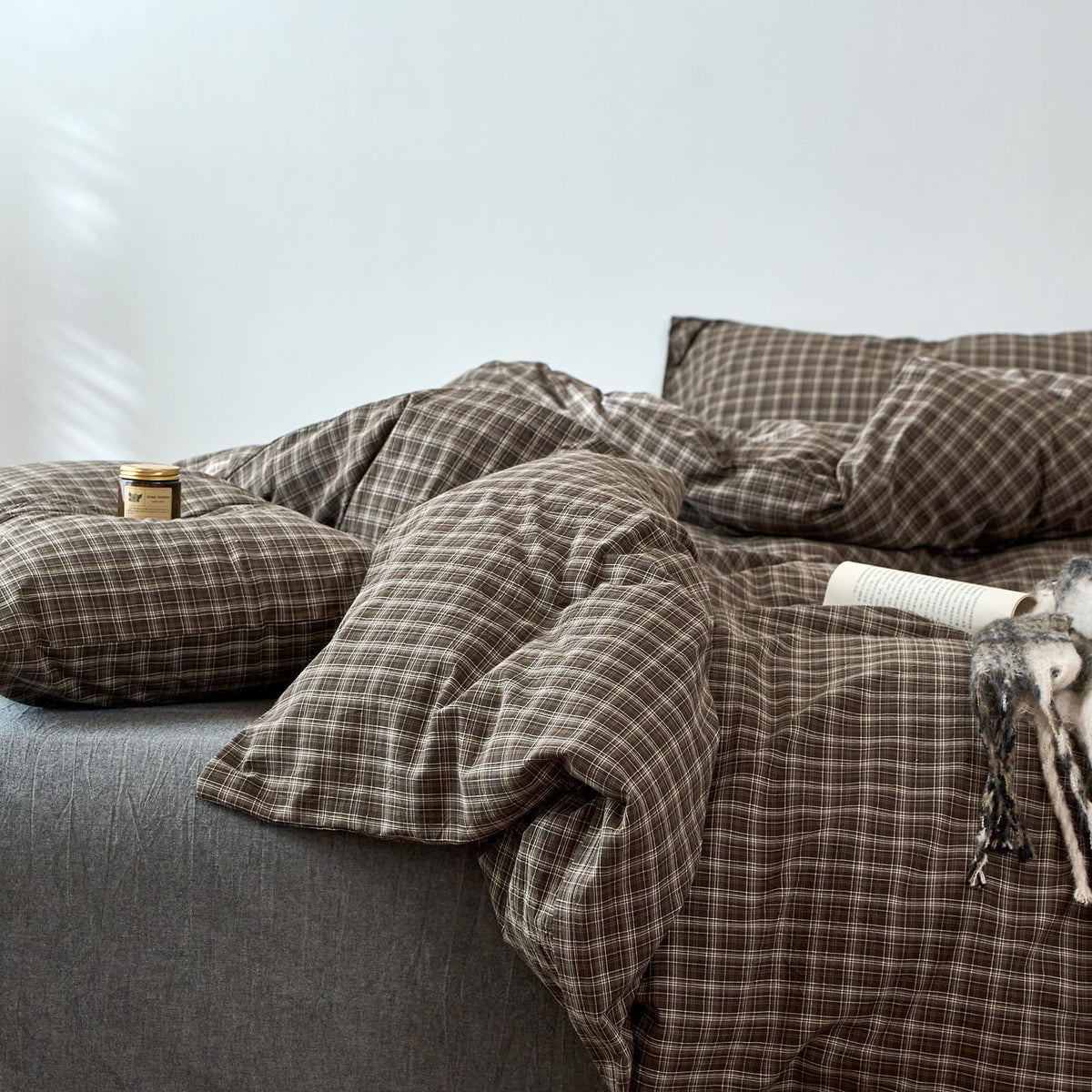 Vintage Buffalo Plaid Duvet Cover Set, 3 Piece Washed Cotton Brown Gingham Duvet Cover with 2 Pillowcases
