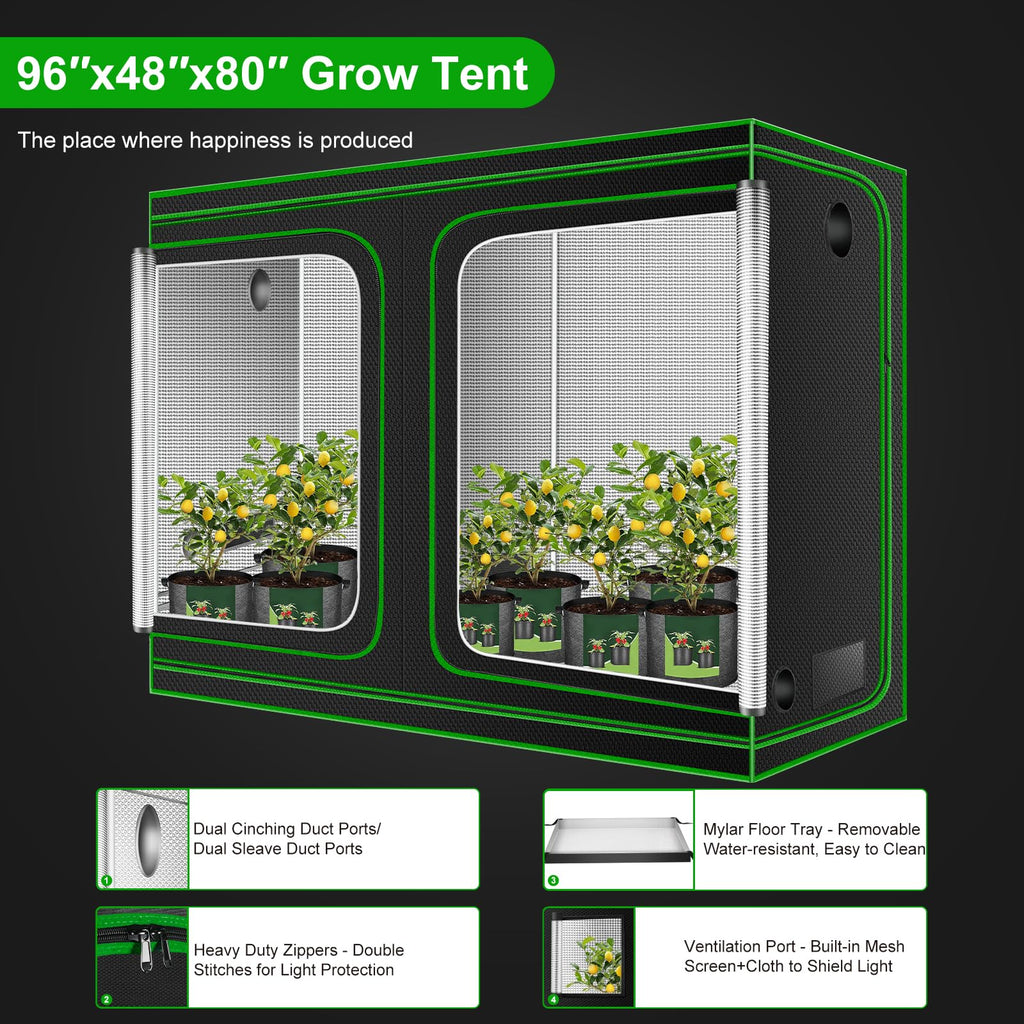 4x8 Grow Tent, 96"x48"x80" High Reflective 600D Diamond Mylar Canvas with Observation Window and Floor Tray for