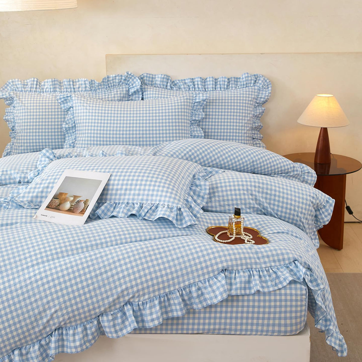 Gingham Ruffle Duvet Cover, Blue Bedding, Farmhouse French Country Style for Bed Decor, 3PCS - Duvet Cover