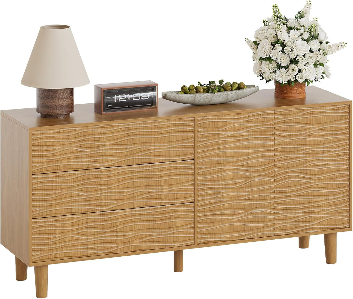 61" Wood Modern Sideboard Buffet Cabinet with Undulating Fluted Design, 3 Drawers & 2 Doors Kitchen Storage Cabinet