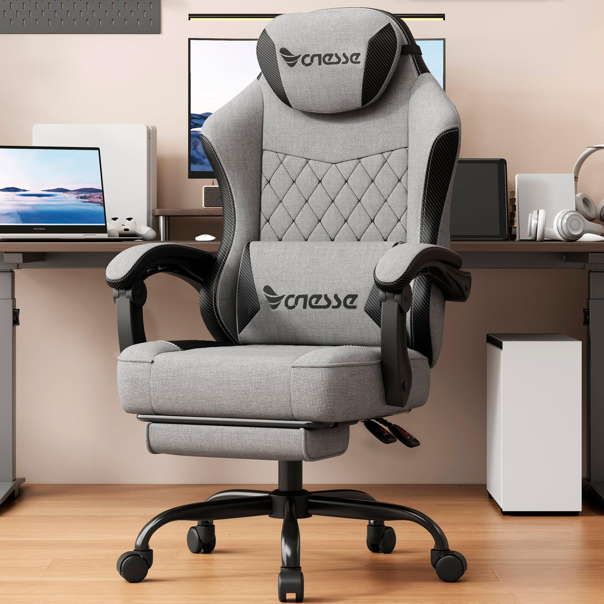 Gaming Chair, Desk Chair with Linen Breathable Mesh Fabric, Office Chair with Adjustable Lumbar Support, Computer