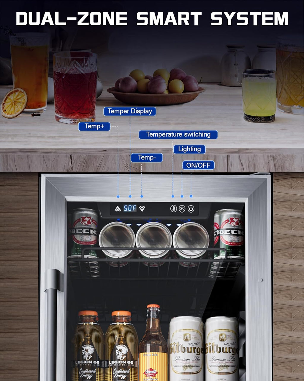 18-inch under-counter beverage refrigerator - 140-Can & 20-Bottle Capacity, Dual-Zone Built