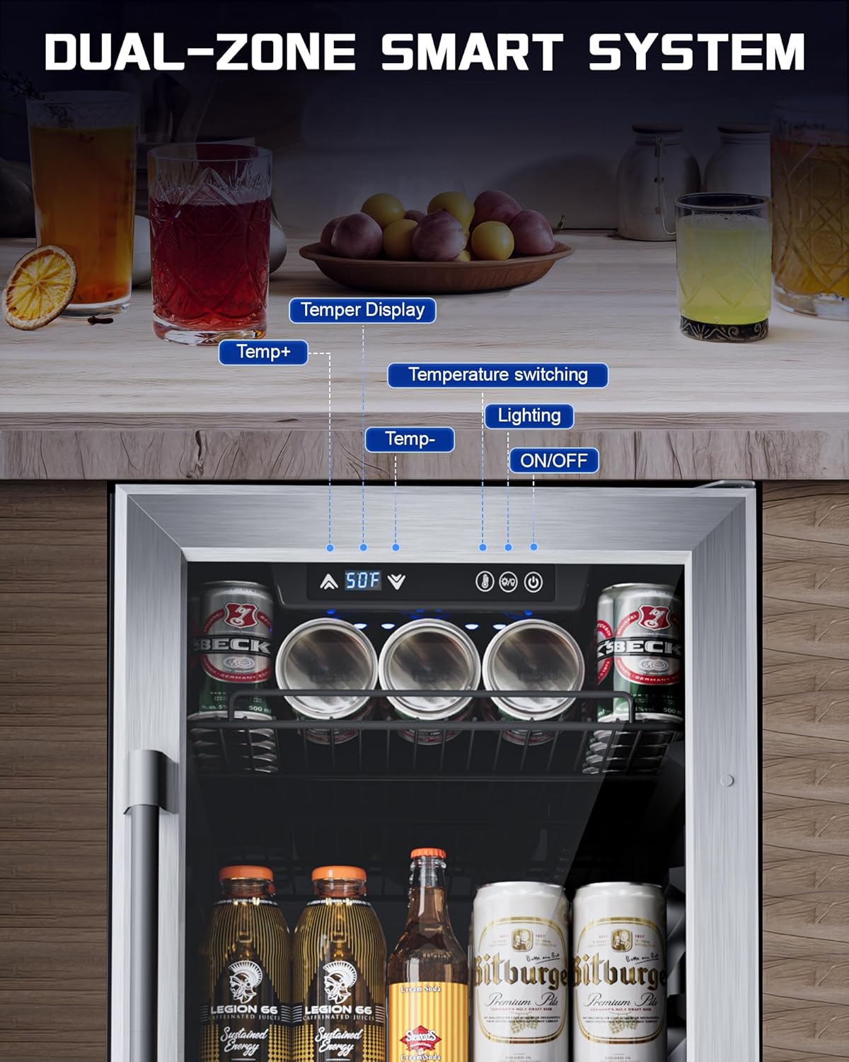 18-inch under-counter beverage refrigerator - 140-Can & 20-Bottle Capacity, Dual-Zone Built