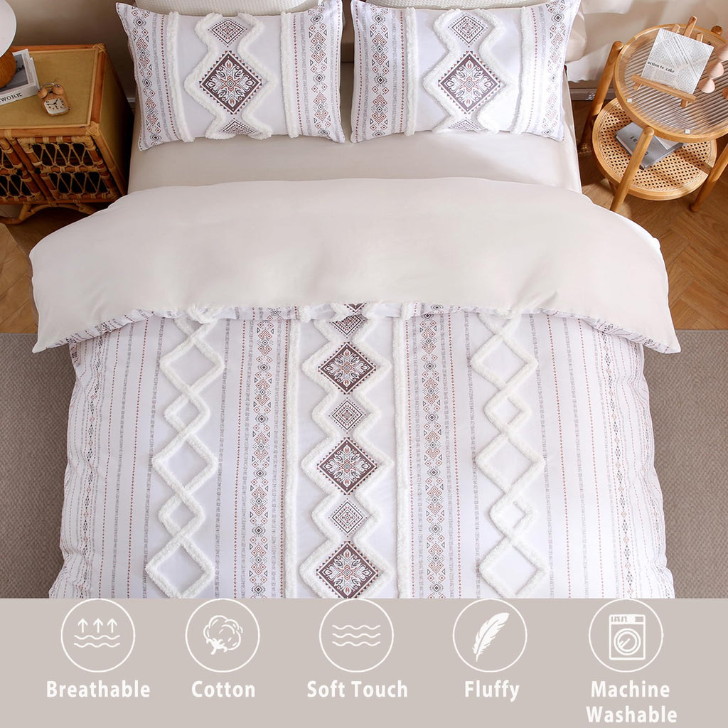 Light Brown 100% Cotton Boho Duvet Cover Set Queen Size, 3-Piece Tufted Textured Modern Boho Moroccan Bedding, Aztec