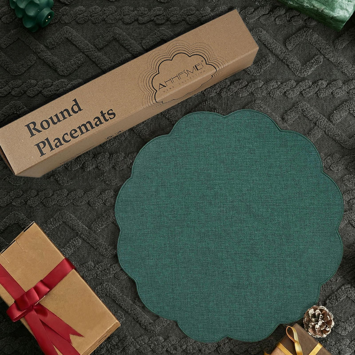 Round Scalloped Placemats Set of 4 15 Inch Faux Linen