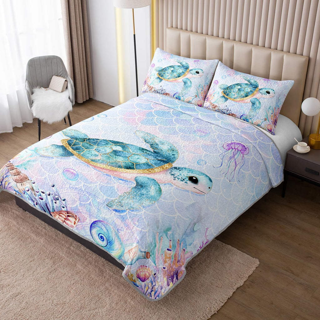 Coastal Bedding, Sea Turtle Quilt Set 2 Pillowcases.