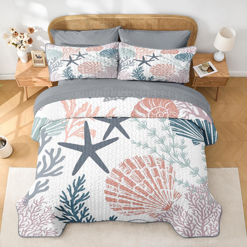 Quilt Set, 7 Pieces Coastal Seashell Bedding, Bedspread