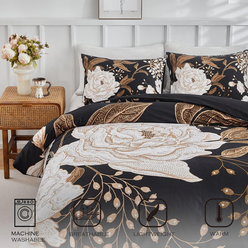 Bold Floral Black Duvet Cover Full Bedding Set Luxurious Premium Cotton Comforter Duvet Cover Vintage Gothic Style