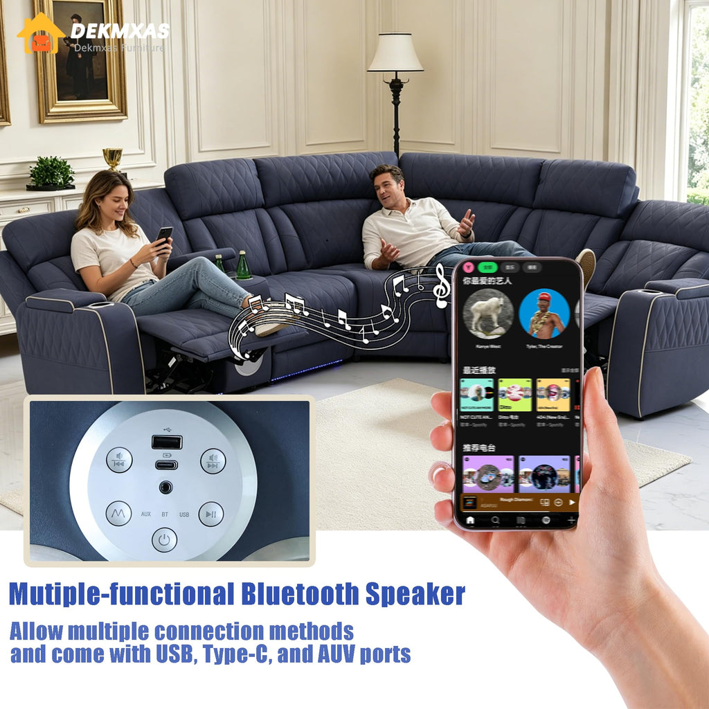 Power Recliner Sectional Sofa Set with Bass Speaker