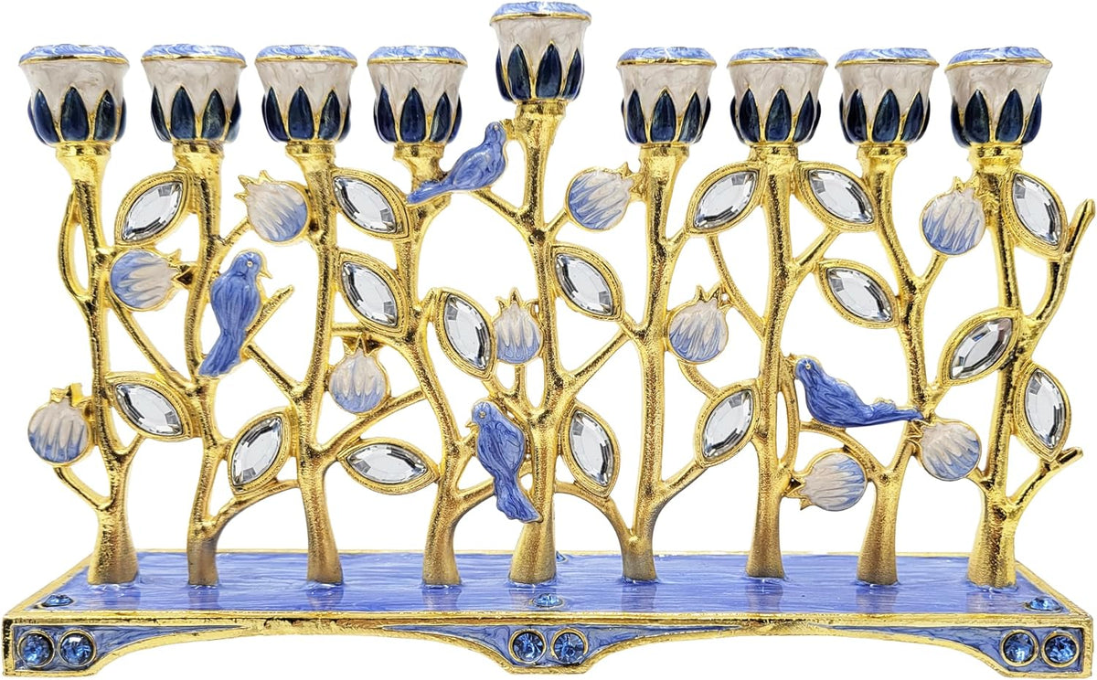 Hanukkah Enamel Pomegranate & Blue Bird Design, Hand-Painted Enameled Metal This Ornate 9 Branch Measures 12" High X