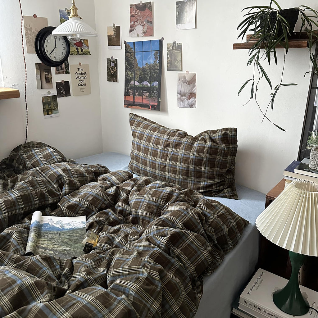Vintage Buffalo Plaid Duvet Cover Set - 3 Piece Washed Cotton Bedding Set with Grid Pattern, Soft &