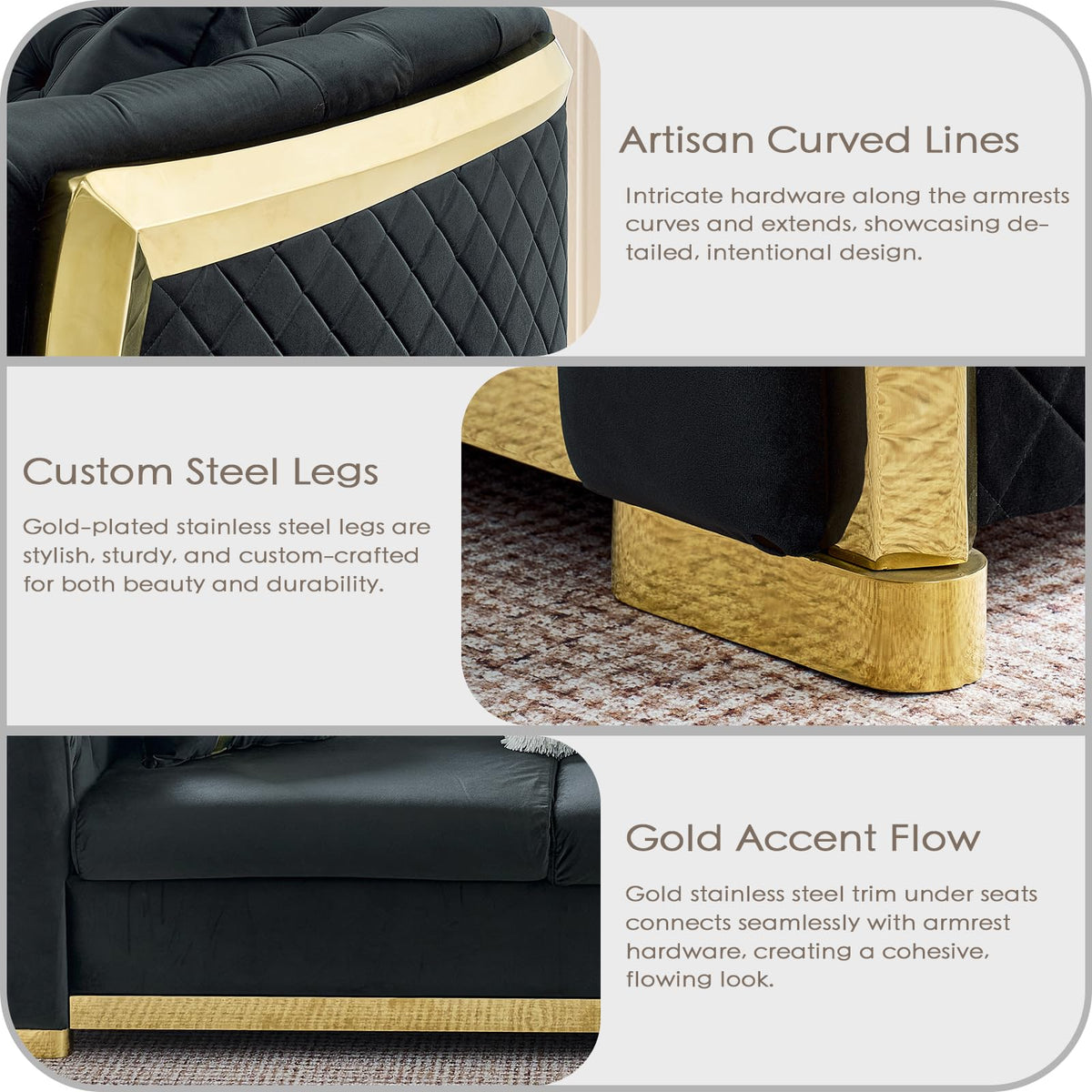 106" Oversize Button Tufted Chesterfield Sectional Sofa Set, Velvet L-Shaped Luxury Couches with Gold Stainless Steel