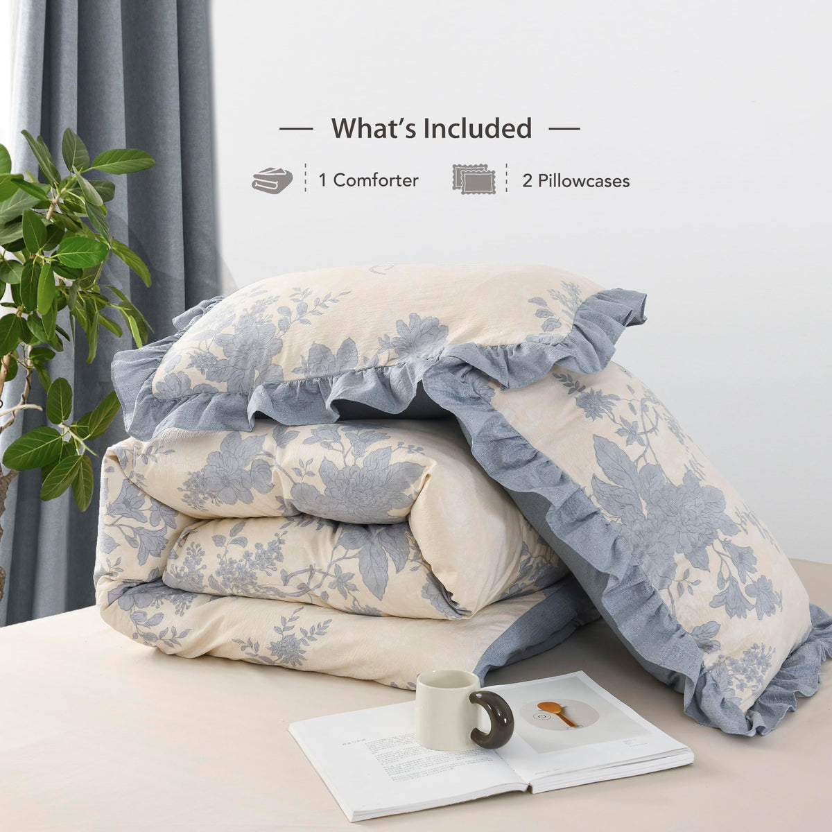 Comforter Set, Ruffle Floral Bedding Set, 3 Pieces, Blue