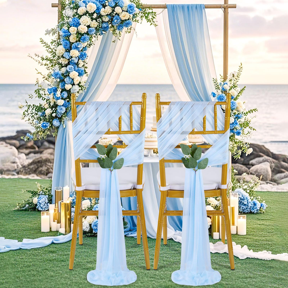 Light Blue Sashes Chair Aisle Decorations: 24 Pack Baby Shower Chair Cover 8FT Long Tulle Draping Fabric Wedding