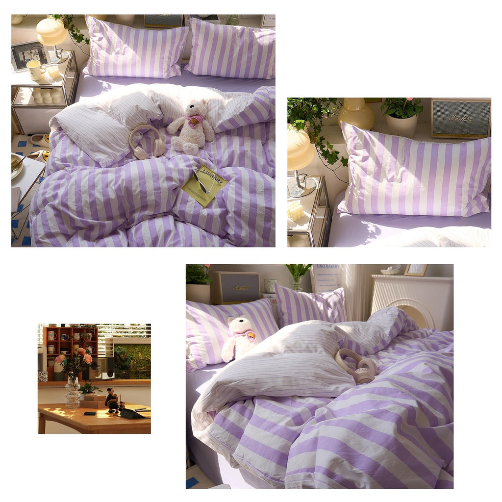Purple and Beige Striped Duvet Cover Set Twin Size Breathable Soft Jacquard Vintage Stripes Printed Bedding Set 3