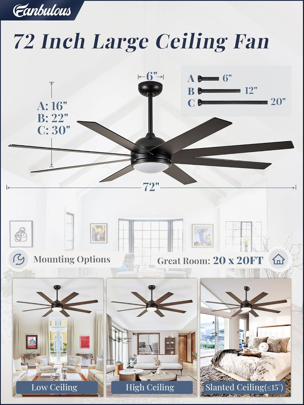 72" Ceiling Fan with LED Light and Remote - Classic Black