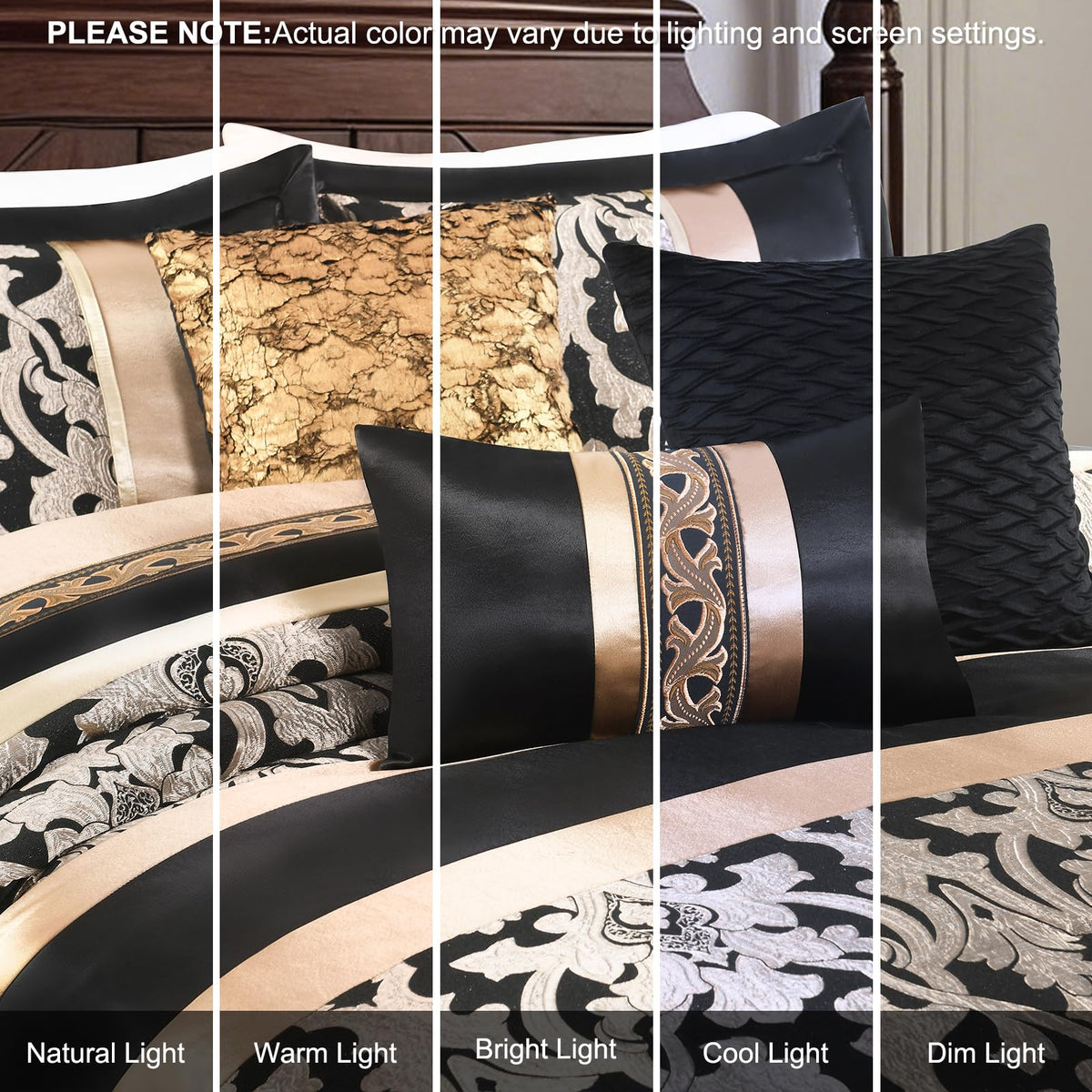 Black Gold Comforter Set, Luxury Jacquard, 7-Piece
