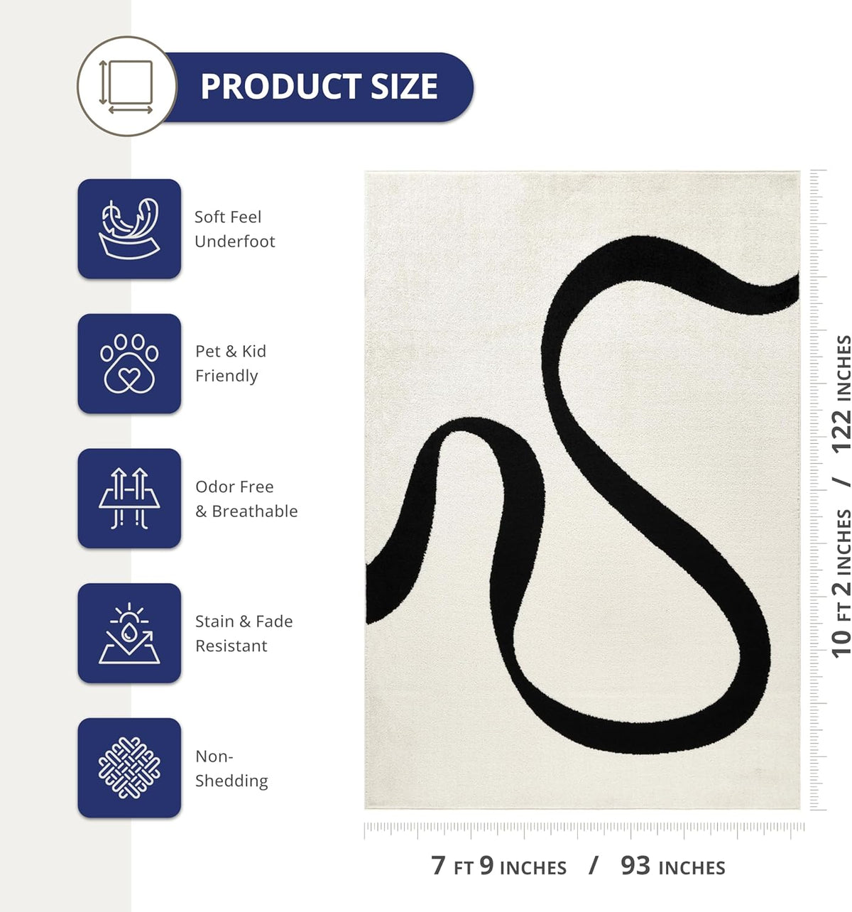 Black and Cream Area Rug | White Abstract Swirl Wave Carpet | Beige/Ivory Geometric Wave Design |