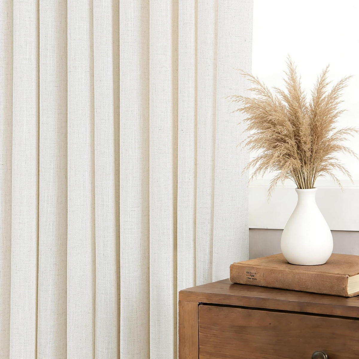 Triple Pinch Pleated Linen Curtains 2 Panels Set Track System Curtains Neutral Modern Farmhouse Light