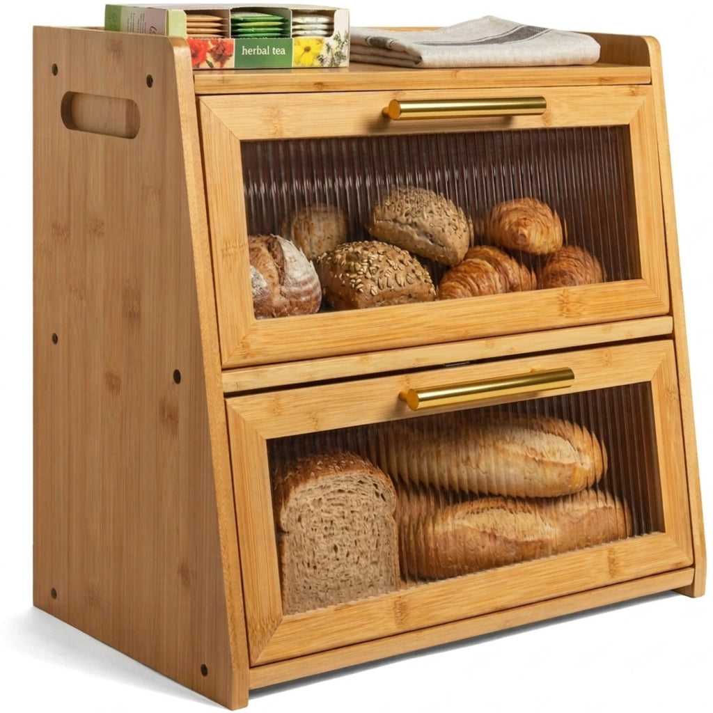 Extra Large Bamboo Countertop, Double Layer Wooden Breadbox Holds Multiple Loaves of Homemade Bread, 16.5 Inch