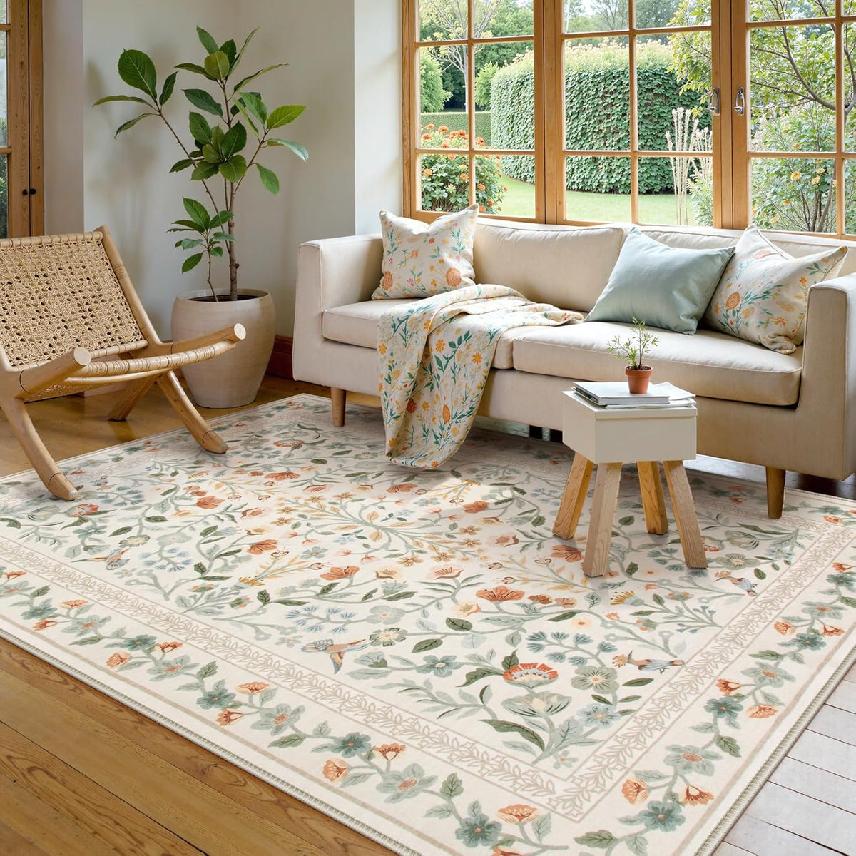 Floral Washable Area Rug, Vintage Non Slip Carpet