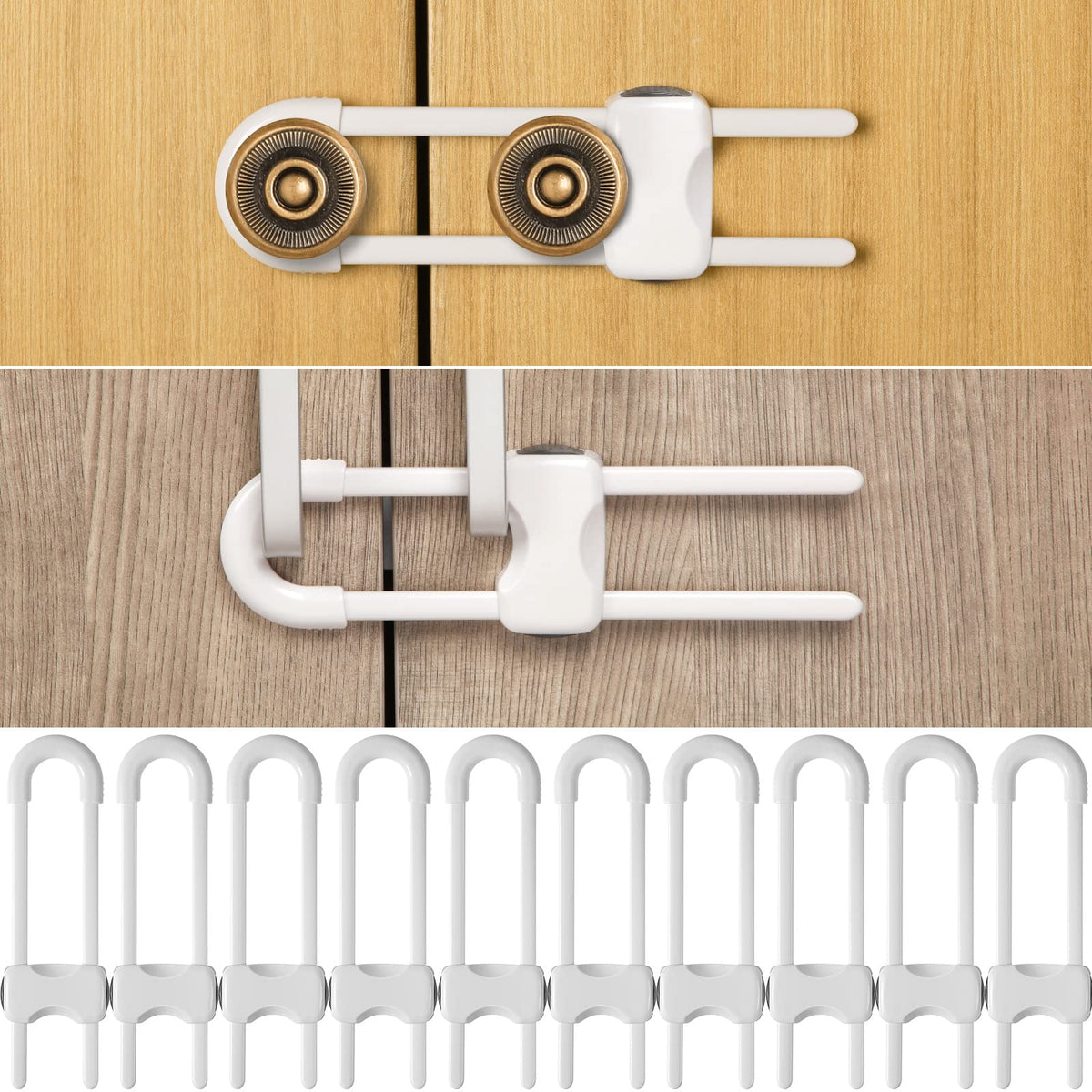 10 Pack Baby Proof Cabinet Locks Adjustable U Shaped,White