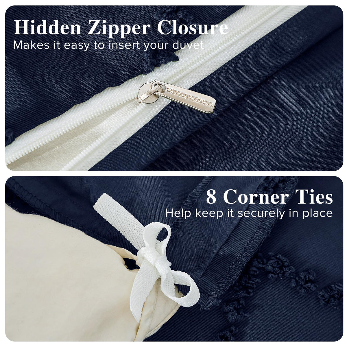 Boho Duvet Cover Set, Tufted Embroidery Bedding, 3 PCS, Navy Blue