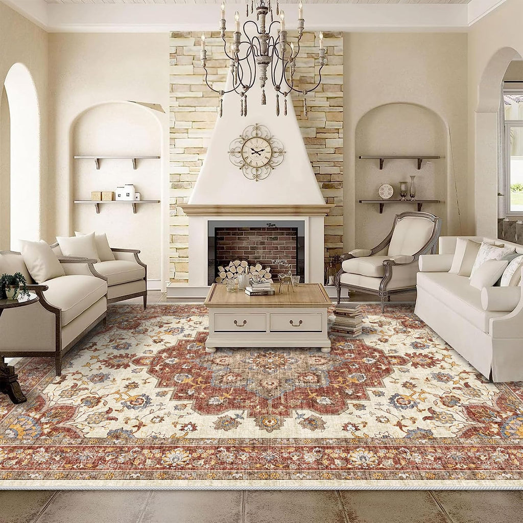 Washable Oriental Area Rug - Rugs Soft Carpet Waterproof Floral Distressed Indoor Stain Resistant Non-Shedding